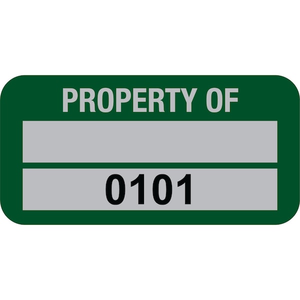 Lustre-Cal Property ID Label PROPERTY OF 5 Alum Green 1.50in x 0.75in 1 Blank Pad&Serialized 0101-0200,100PK 253769Ma2G0101 - main